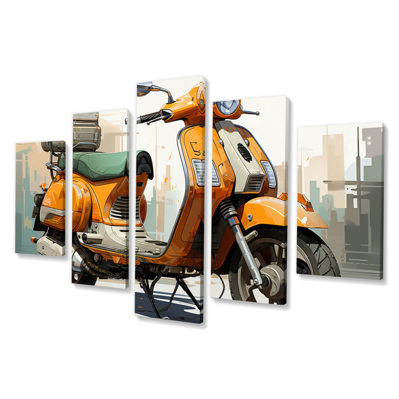  «Orange Scooter Caf Racer - Décoration murale transport - 5 panneaux