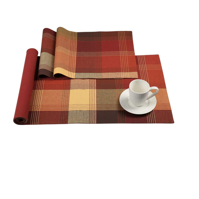 Benally 100% Cotton Woven Rust Plaid Table Runner, Blue/Grey, 40cm W x 250cm L