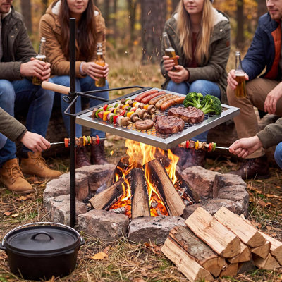 Swivel Campfire Grill 360° Adjustable Fire Pit Grate, Portable Camp Fire Grill for Outdoor BBQ & Camping