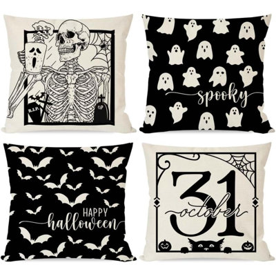 Coussins décoratifs d'Halloween 18 x 18, ensemble de 4 chauves-souris squelettes, chat noir, fantôme, décorations d'Halloween, coussins décoratifs pour l'intérieur et l'extérieur