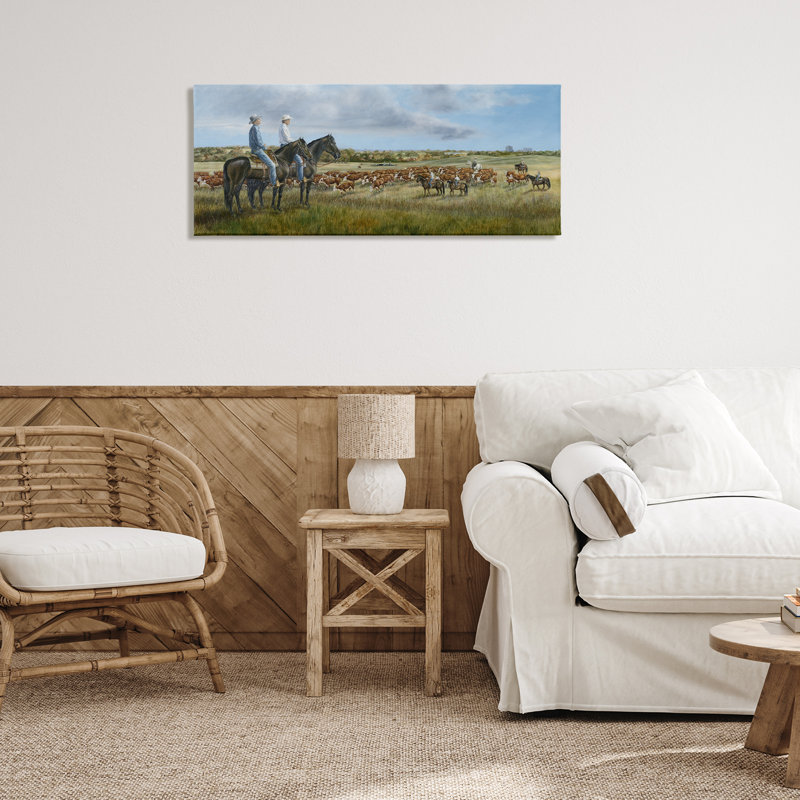 Art mural sur toile Cowboys & Bétail dans une vaste campagne, design par Carolyn Mock, H 17 po x l 40 po