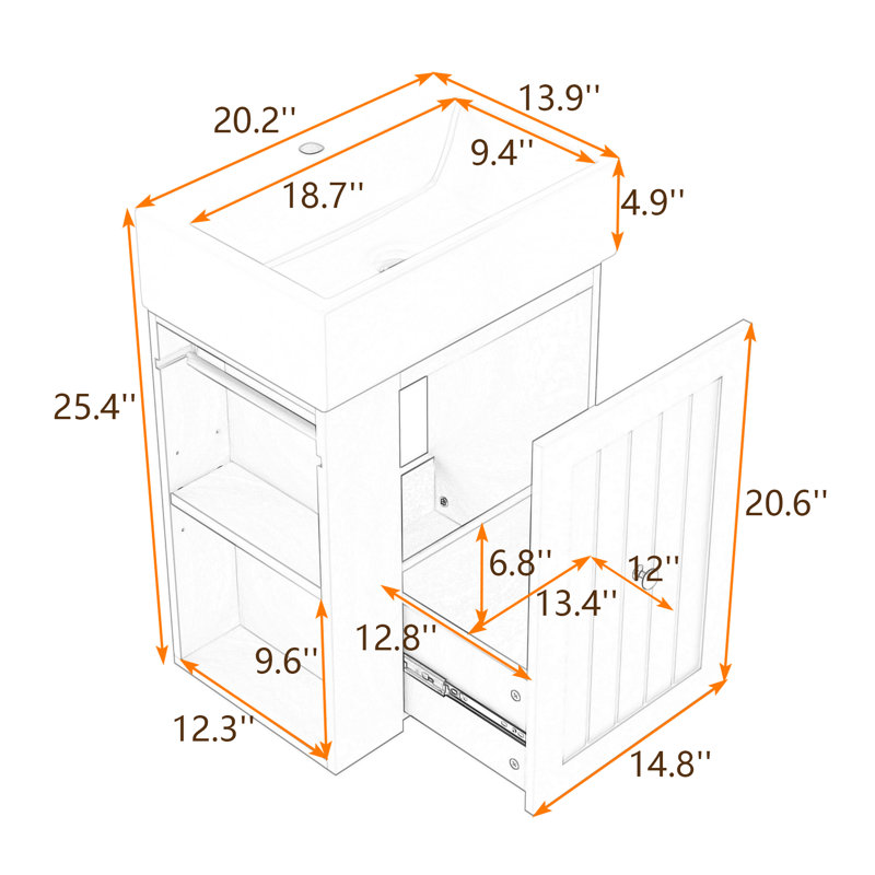 Meuble-lavabo mural compact avec lavabo intégré en céramique, tiroir et rangement latéral, Vert