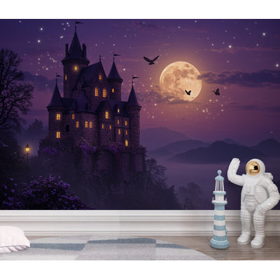 Enchanted Moonlit Castle Panoramic Wallpaper, Mystical Fantasy Castle Wall Mural, Twilight Castle decor, Magical, Wisteria Fantasy Decor 368DRE