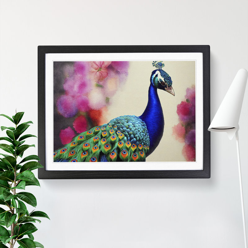 XH1022-6856X Peacock Watercolour - Picture Frame Print, Black, 46cm H x 64cm W x 2cm D