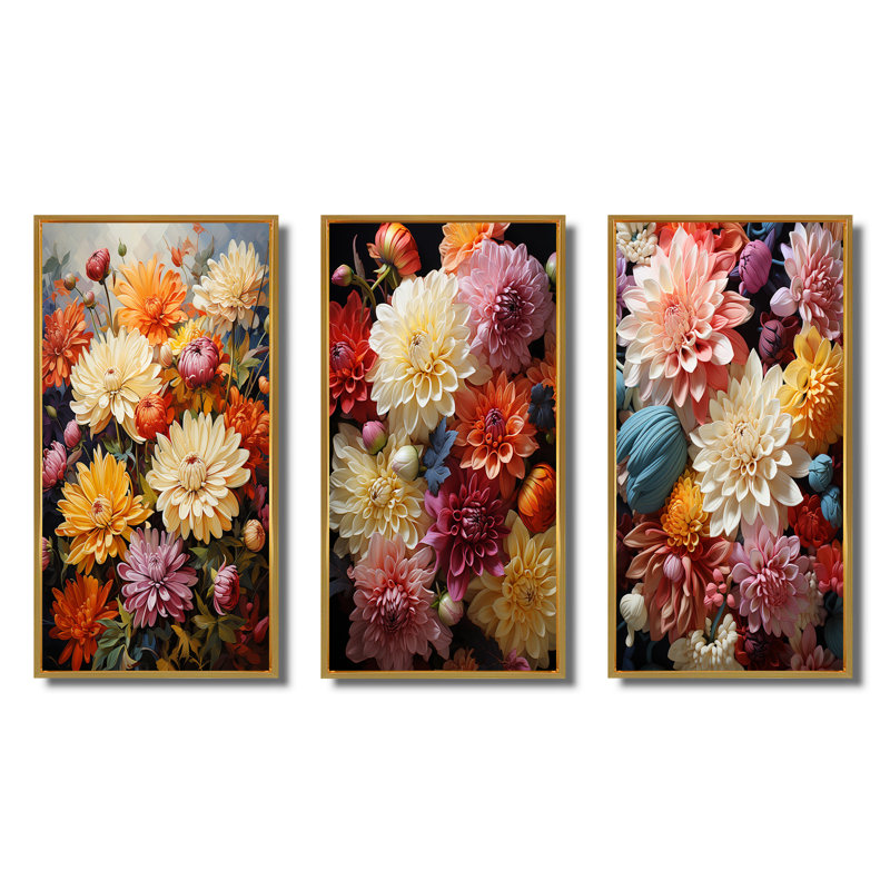 «Mums Mums In Bloom», 3 pièces sur toile, Cadre flottant doré, H 32 po x l 48 po