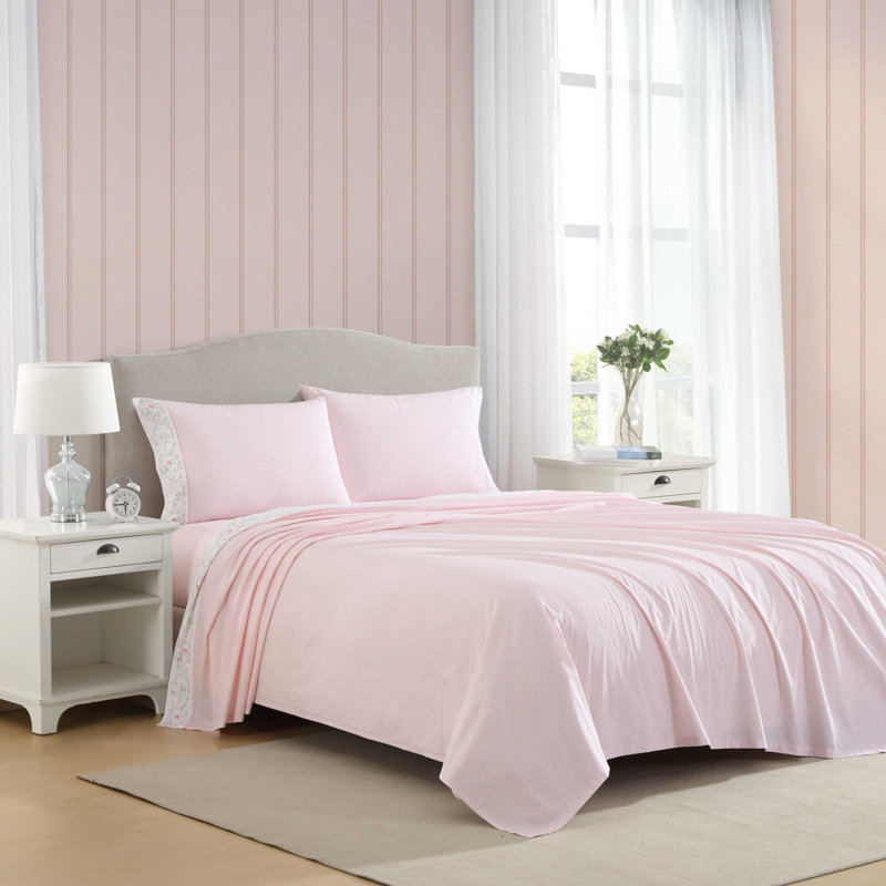 Laura Ashley Harperette Cotton Printed Hem Full Sheet Set, King Sheet Set + 1 Fitted Sheet + 2 Pillowcases, Pink