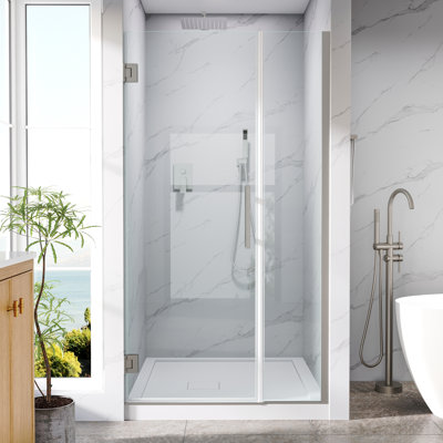 Porte de douche sans cadre à charnières avec paroi de douche fixe en verre trempé transparent SGCC de 9,5 mm (3/8 po), nickel brossé, dimensions : 96,5 à 99 cm (38 à 39 po) de largeur x 183 cm (72 po) de hauteur