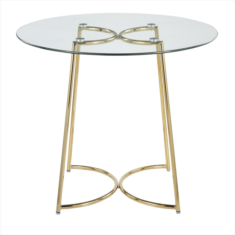 Table de salle à manger ronde en verre avec structure en acier doré, sièges 4, style contemporain, plateau transparent