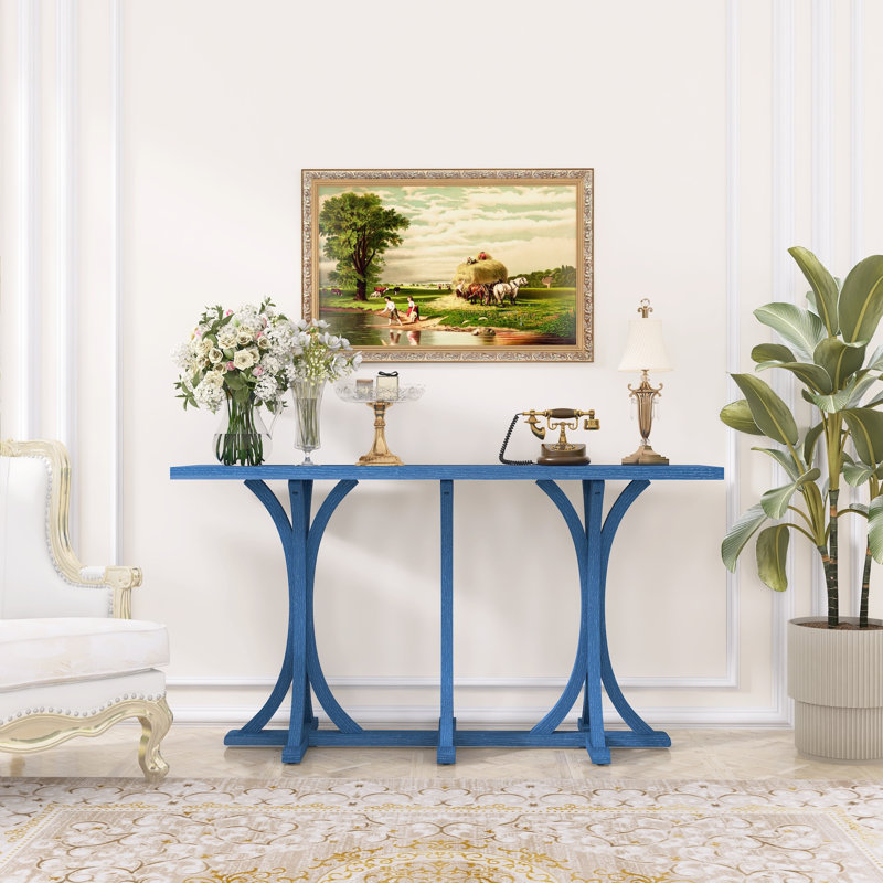 Console 59,8 "avec plateau en placage de bois et pieds courbés, Marine