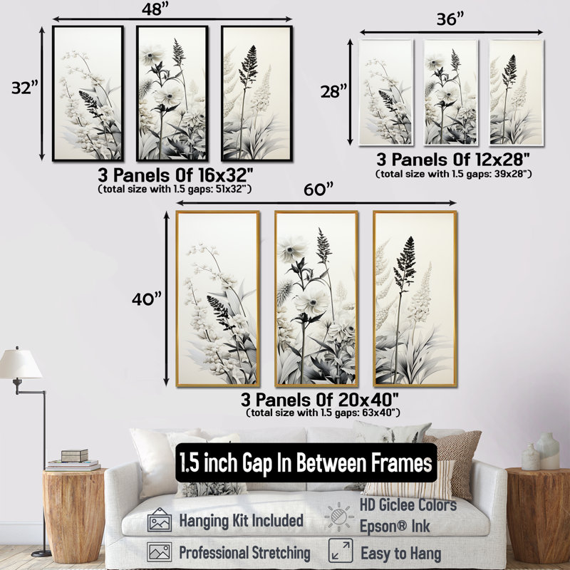 «Gray and White Herbs Minimal Harmony II - Floral Herbs», ensemble d'art sur toile, Cadre flottant blanc