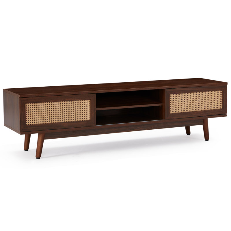 Meuble télé Mid-Century moderne avec portes coulissantes, Noir noyer, 65"