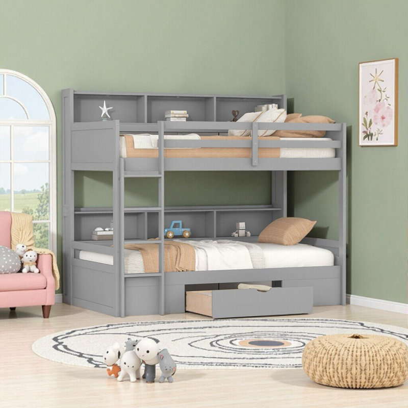 Black Full Size Storage Loft Bed with Shelves, Wardrobe & Cabinet - Space-Saving Metal Design, Grey