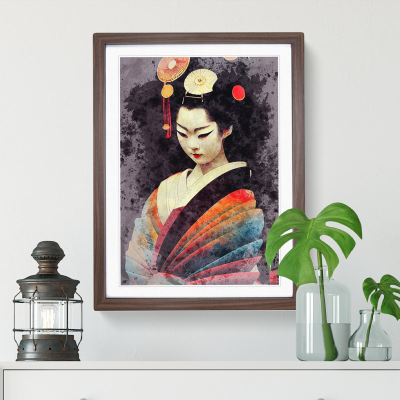 Geisha Watercolour No.1 - Single Picture Frame Painting, 64cm H x 46cm W x 2cm D, Walnut