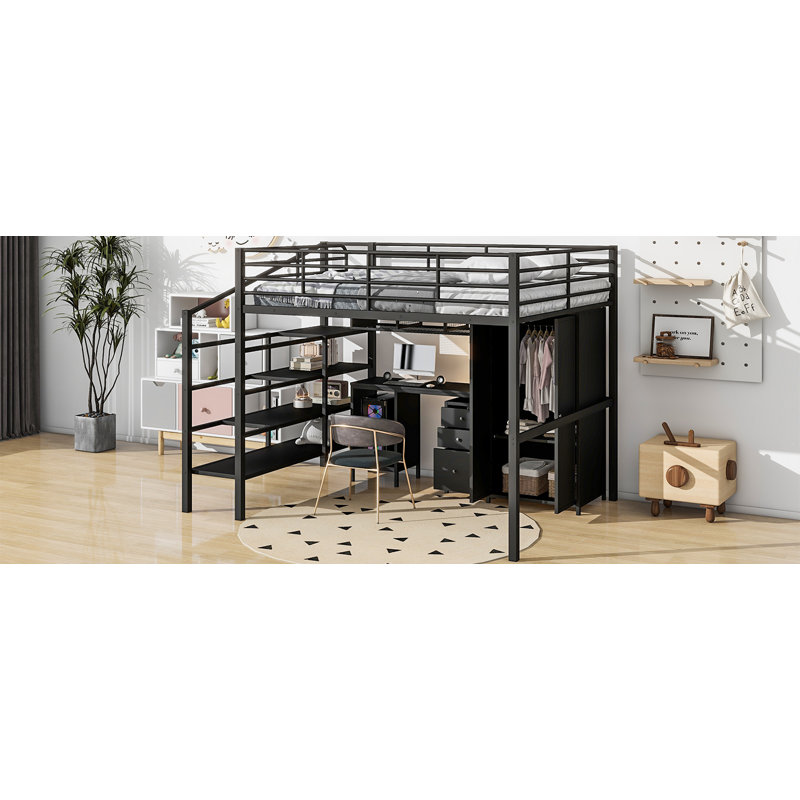 Lit mezzanine en métal avec ensemble de table et garde-robe, lit double, noir