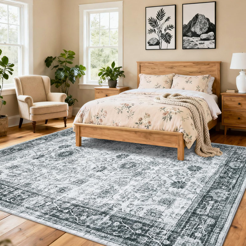 Area Rug Washable Vintage Floral Non Slip Rugs Rubber Backed Bedroom Rugs for Laundry Room Grey 8*10ft, Gray