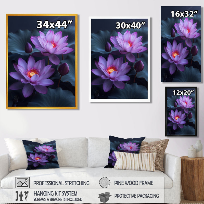 Fleurs de lotus mauves et grises - art mural Lotus, Toile tendue, H 30 po x l 40 po