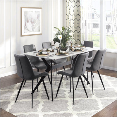 Modern 5pc Dining Table Set with 4x Chairs Gray Upholstered Sintered Stone Tabletop Metal Legs Kitchen Dining Furniture