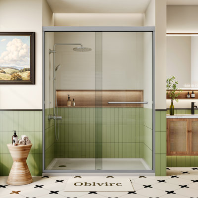 Porte de douche coulissante double en nickel brossé l 48 po x H 76 po Kavrton avec verre trempé transparent certifié GSC de 1/4 po (6 mm)