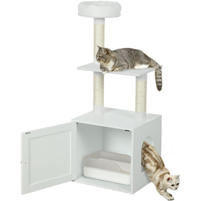Cat Tree with Litter Box Enclosure, 2-in-1 Cat Tower for Indoor Kittens with Scratching Posts, Bed, Climbing Platforms, Modern Style Pet Furniture, White