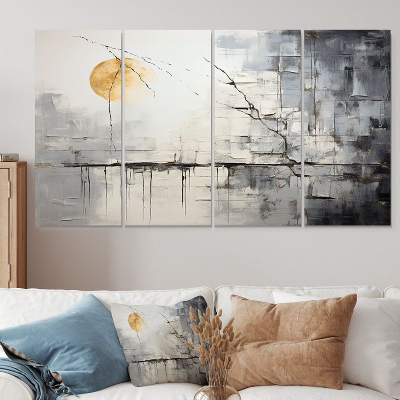 «Stone River» gris et blanc, ensemble d'art mural abstrait 4 pièces, H 28 po x l 48 po