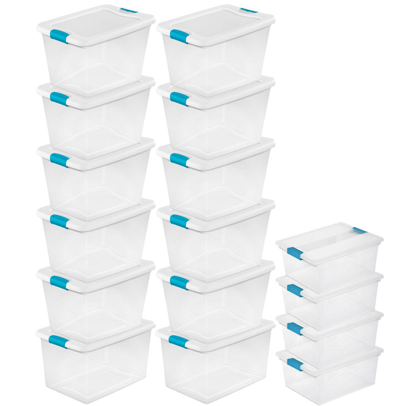 Sterilite 64 Quart Latching Storage Tote Box (12 Pack) + Deep Clip Box (4 Pack)