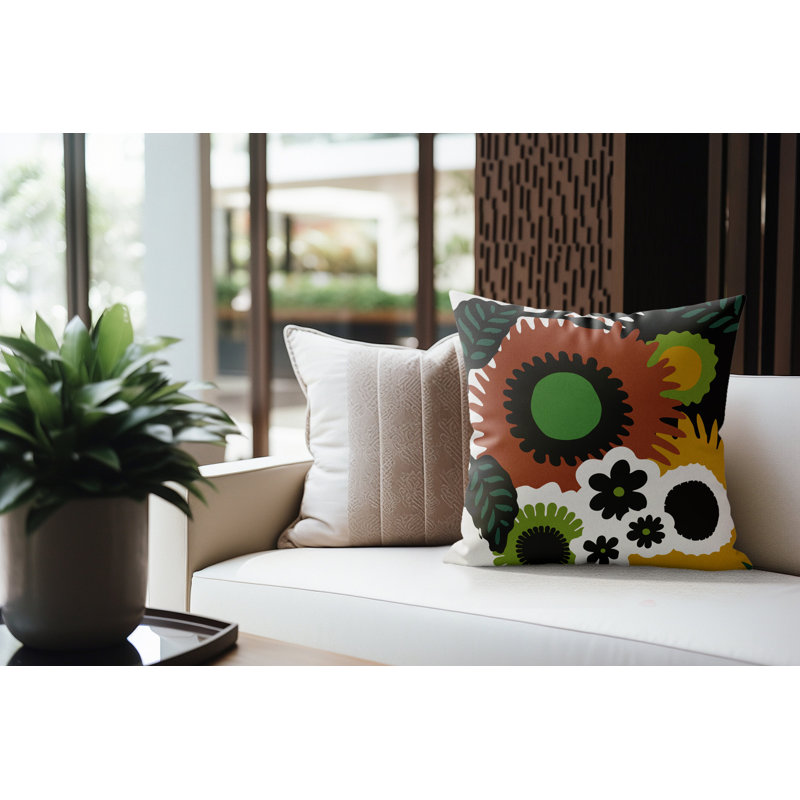 Coussin Mars, Carré 18 po, White/Black/Ochre/Brown/Green Floral
