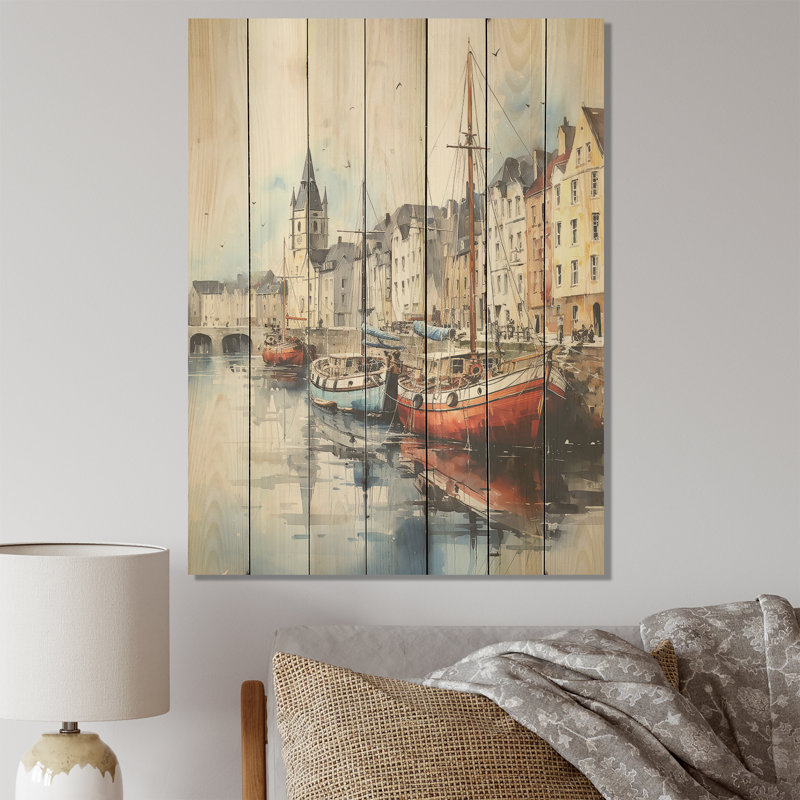 Bateau de pêche rouge et gris au port I - Bateau de pêche sur bois, H 40 po x l 30 po