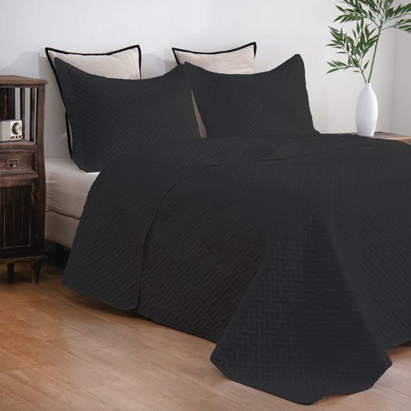Microfiber Embossed Bedspread Set, Black, Twin Quilt + 1 Standard Sham + 1 Standard Pillowca
