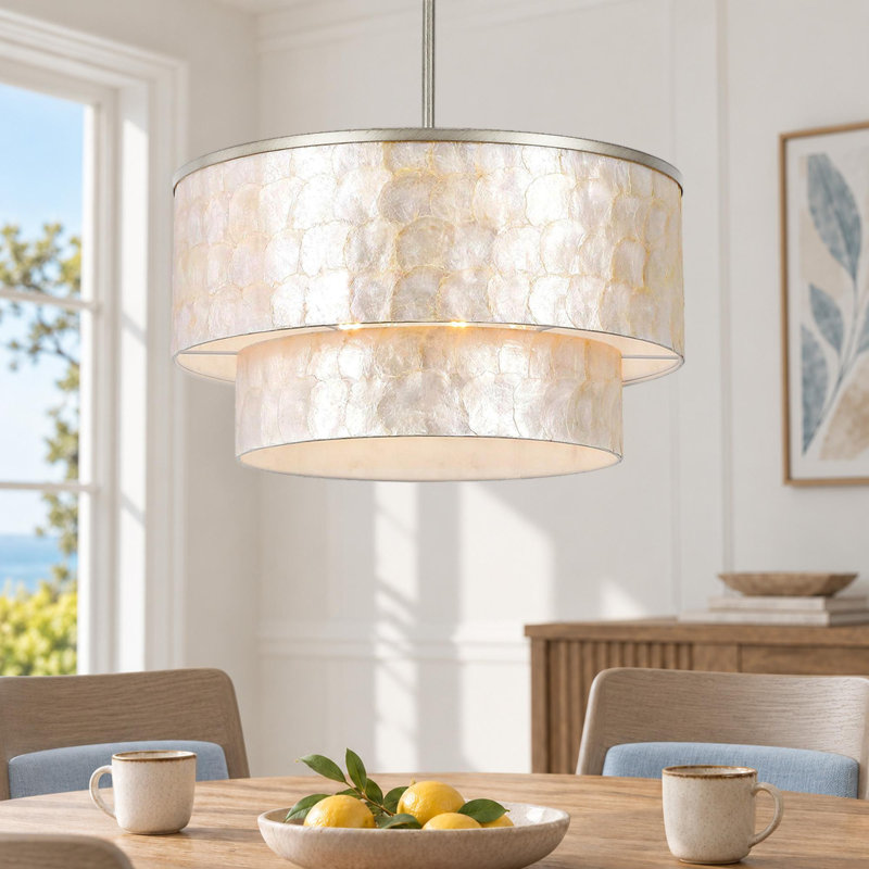 22" 5-Light Tiered Capiz Shell Drum Chandelier, H 12 po x l 22 po x P 22 po, 1 niveau, Antique Silver