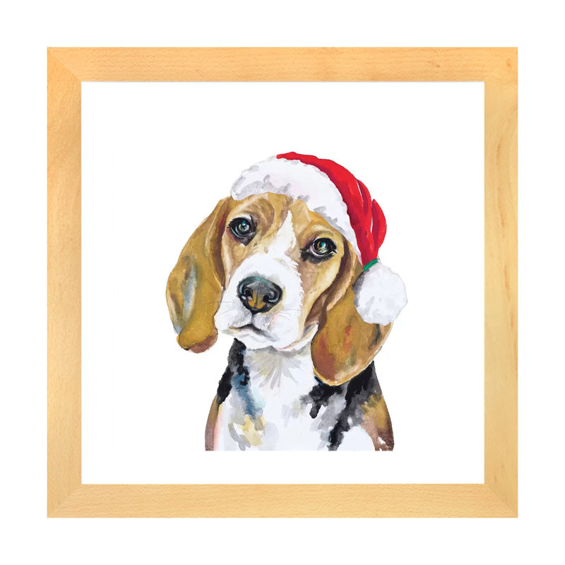 Reproduction d’art, "Holiday Dog I" par Patricia Pinto, Toile avec cadre en bois beige, Blanc, H 16 po x l 16 po x p 1 po