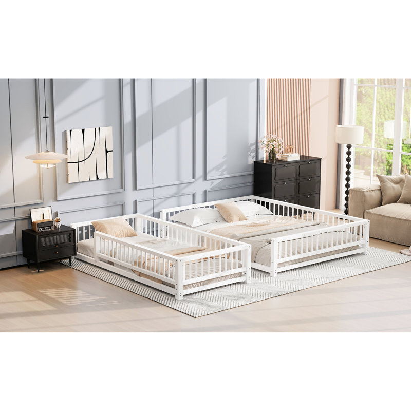 Structure de lit superposé simple très grand blanc avec garde-corps, conception détachable, économie d'espace, pas de sommier, lattes en métal pour le support du matelas