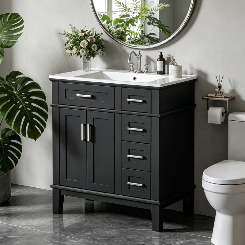 Meuble-lavabo moderne de 30 po avec lavabo en céramique, portes à fermeture douce et tiroirs de rangement, Black