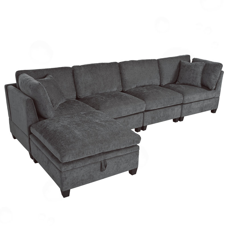 Modular Sofa with Removable Storage Ottoman, 2 hidden cup holders, Gray Polyester Blend