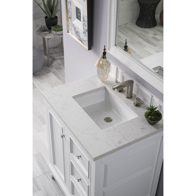 De Soto 31.3'' W Single Vanity, Bright White, Eternal Jasmine Pearl Quartz, 8" Widespread