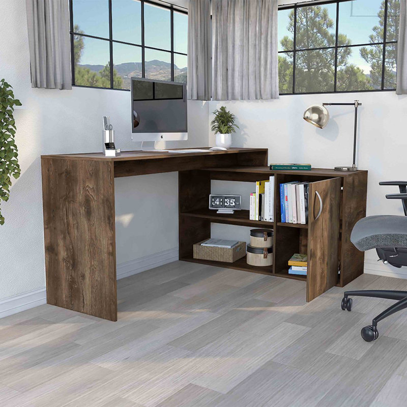 Bureau d'ordinateur en L avec rangement ouvert et fermé Kailiyah, Beige