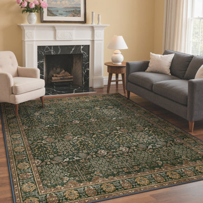 Oriental Neutral Vintage Machine Washable Non-Slip Dark Green Indoor Area Rug