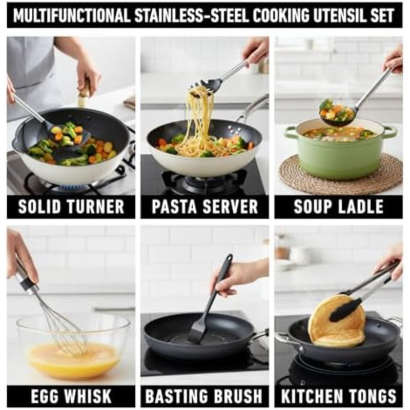 Ensemble d'ustensiles de cuisine en silicone de 33 pièces, résistants à la chaleur et de qualité alimentaire, avec manches en acier inoxydable. Sans BPA. Accessoires de cuisine avec support inclus. Compatible avec les ustensiles antiadhésifs.