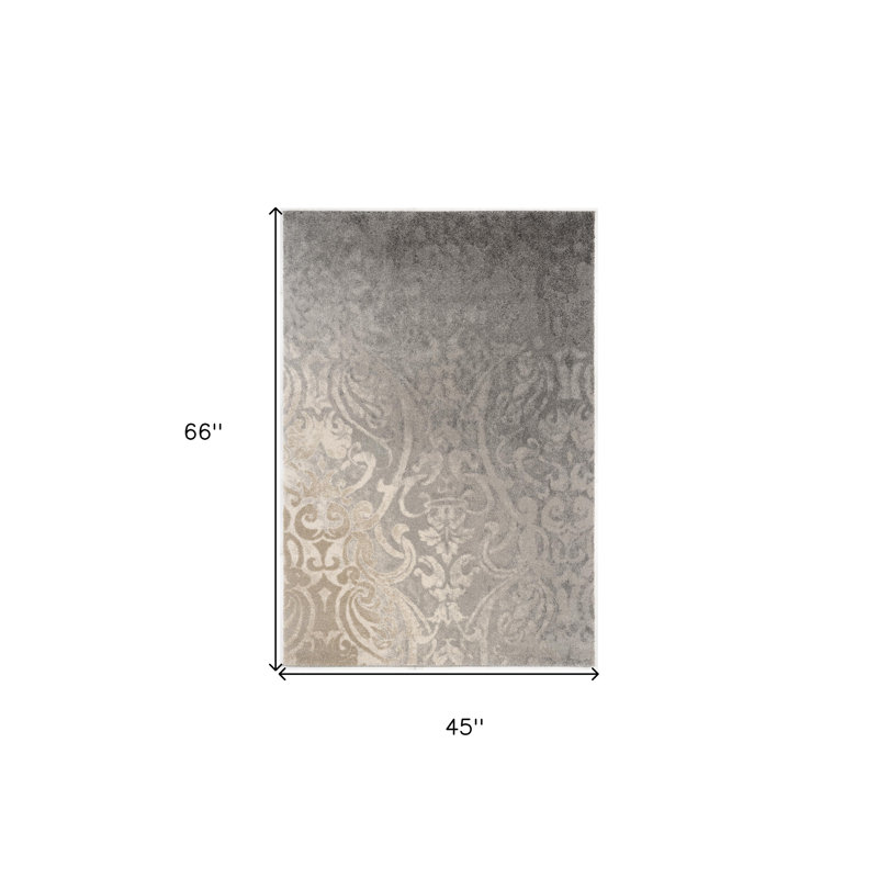 4' X 6' Grey And Ivory Damask Area Rug