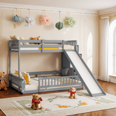 Lit superposé simple au-dessus de double avec glissière et escalier de rangement amusant et fonctionnel - Fabrication en bois de pin massif pour enfants