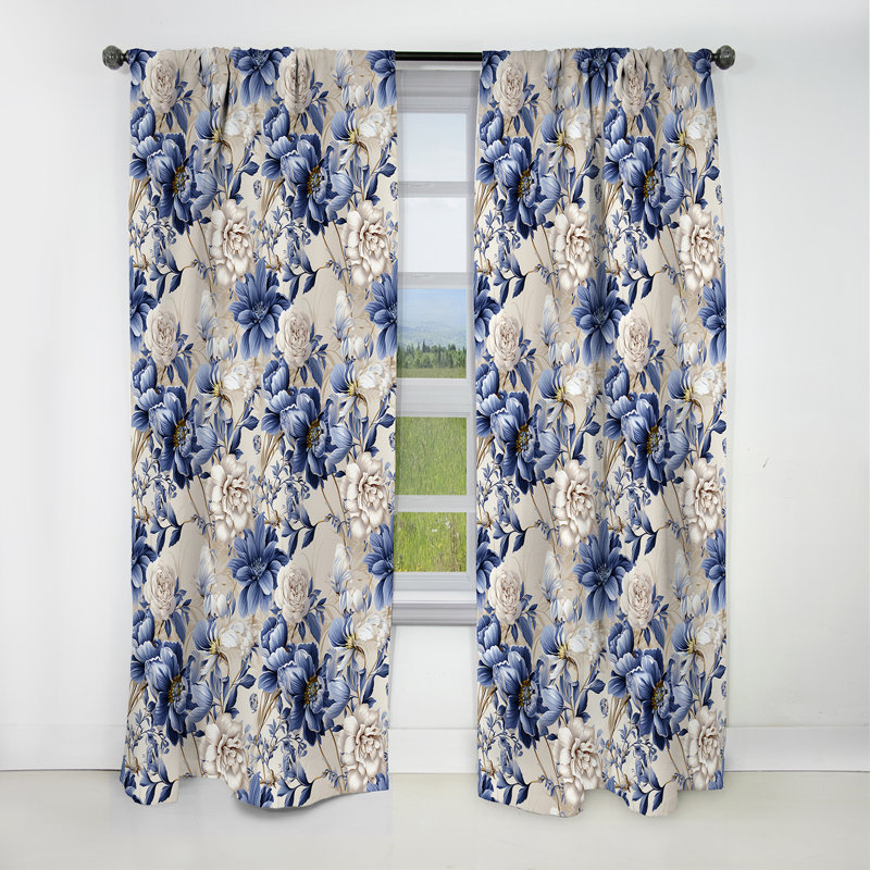 Victorian Blue And White Flowers Damask III - Damask Curtain - Blackout Curtain - 1 Panels, 52" W x 108" L