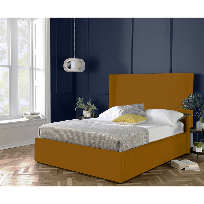 Plain Wing Kailua Upholstered Bed Frame - Plush Velvet Wingback with Sprung Slats, Kingsize (5'), Mustard