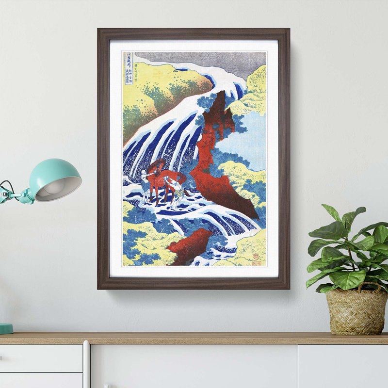 Yoshitsune Falls by Katsushika Hokusai - Picture Frame Art Print, 36cm H x 27cm W x 2cm D, Walnut Framed