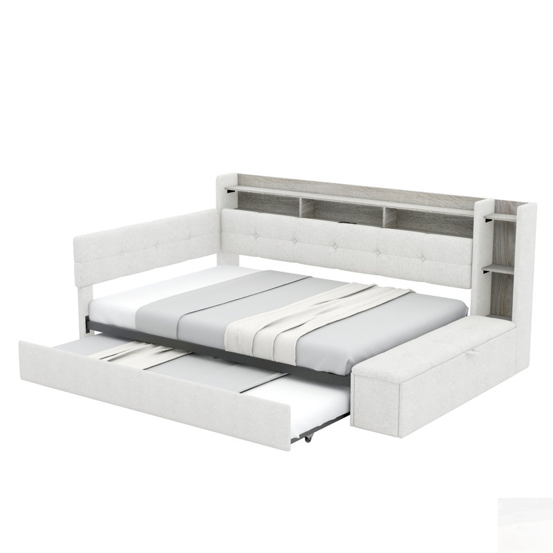 Lit de jour rembourré avec rangement, lit gigogne, charge USB et lumière DEL, Full / Double, Beige