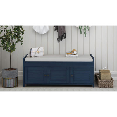 Storage Bench with 3 Shutter-shaped Doors, Shoe Bench with Removable Cushion and Hidden Storage Space