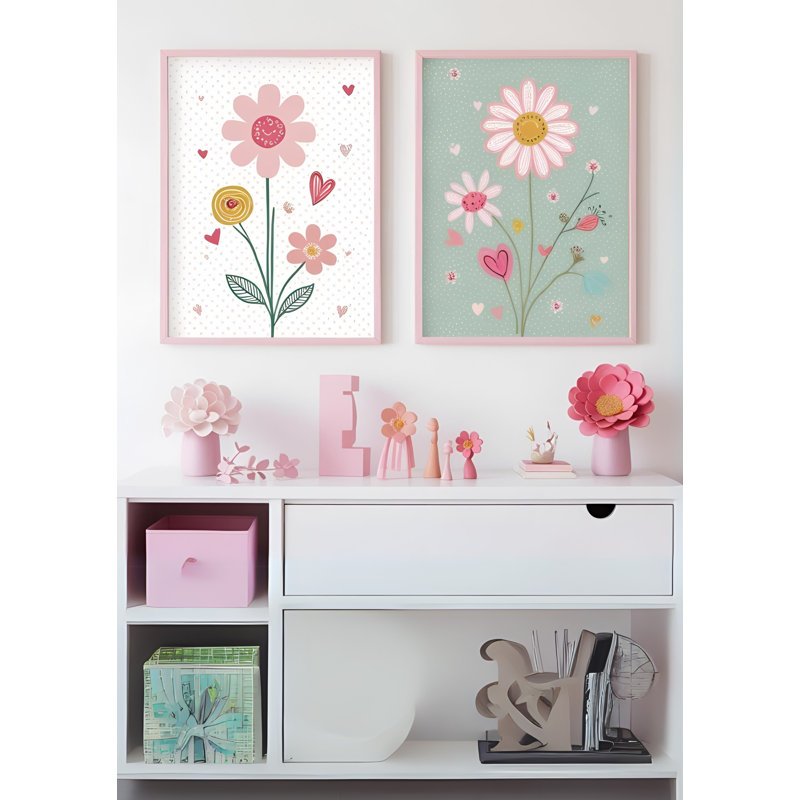 Cute A4 Wall Art Prints – Flowers & Hearts Design | Pastel Kids Decor - Set Of 2