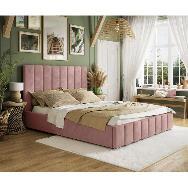 Emiljan Velvet Upholstered Bed, Dirty Pink, 160 x 200cm