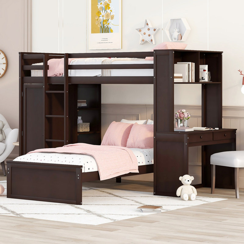 Lit mezzanine avec lit autonome, tablettes, bureau et garde-robe, Espresso, Lit simple