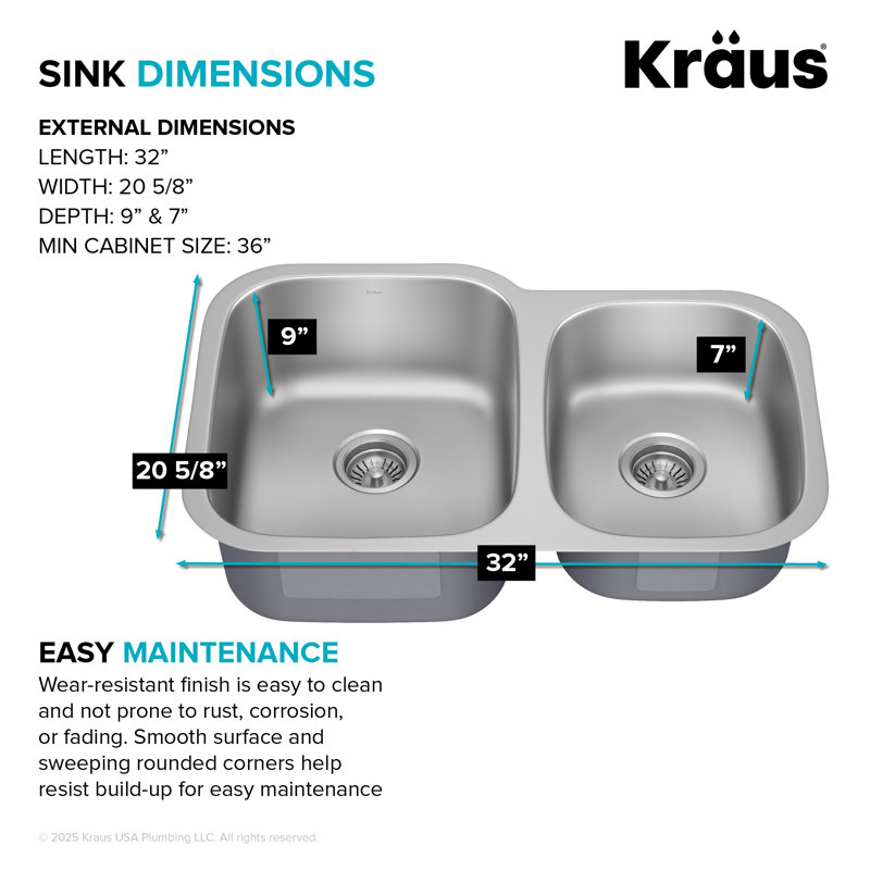 Évier de cuisine en acier inoxydable 60/40 KRAUS, Double bol décalé, H 9 po x l 32 po x P 20,63 po