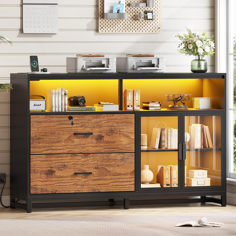 Mandip 59" File Cabinet, 2 Drawers Filing Cabinets Printer Stand With Storage & Led Lights, Brown/Black