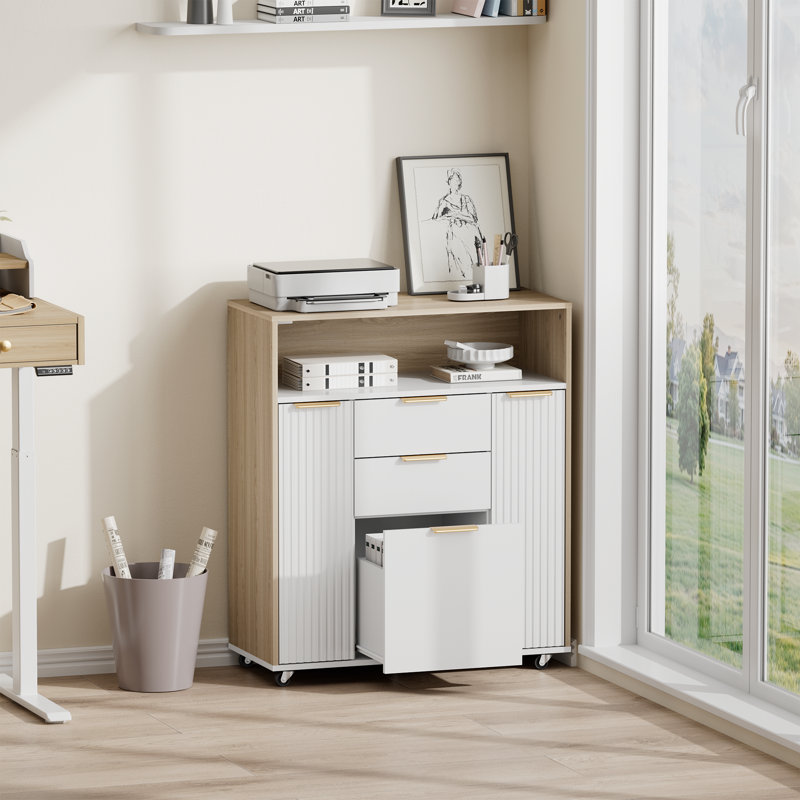 Adonia 31.5"W Modern Storage Cabinet With Adjustable Shelves & Built-In Outlet – Featuring 3 Drawers, 2 Doors & 5 Wheels For Home Office Storage